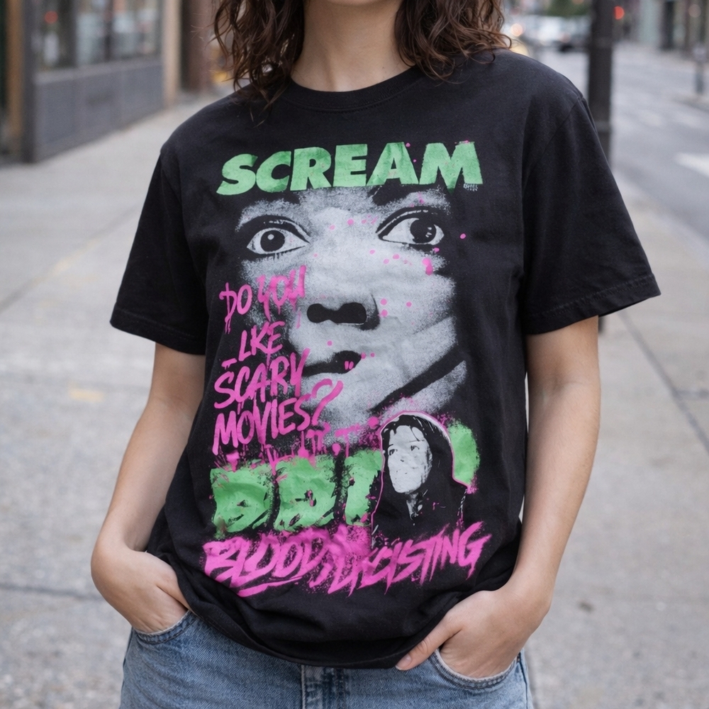 Scream Graphic Tee L Horror Movie Blood Dripping Neon Pink Green Cotton